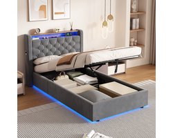 FloraGrace Opbergbed 90x200 Cm Met Stopcontact, Fluweel Bekleding, Donkergrijs - Functioneel Bed Met Stopcontact en Opbergruimte, Ideaal Voor Je Slaapkamer
