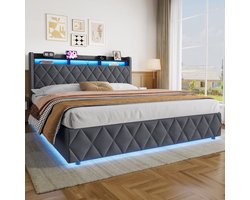 FloraGrace Opbergbed - USB En LED - 180 x 200 cm - Fluweel Hout Metaal - Donkergrijs - Met Verstelbaar Hoofdbord En Hydraulische Opbergruimte