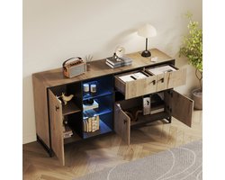 FloraGrace Opbergkast - Dubbele Deuren En Open Vakken Met Glazen Planken - Voor Woonkamer Eetkamer En Kantoor - Bewerkt Hout Naturel - 160x40x84,5 Cm