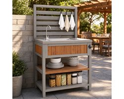 FloraGrace Opbergkast - Outdoor Kast Met Spoelbak En Kraan - Voor Tuin Balkon En Terras - Hout En Metaal - 80x51x148,5 Cm - Naturel