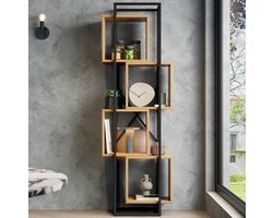 FloraGrace Open Kast – 4 Vakken – Compacte Stellingkast – MDF En Metalen Frame – Zwart Bruin – Voor Boeken En Decoratie