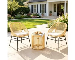 FloraGrace Outdoor Lounge Set - 2 Stoelen En 1 Tafel - Met Kussens, Glasblad En Stevig Stalen Frame - Voor Balkon En Tuin - Beige