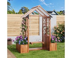 FloraGrace Plantenbak - Met Spalier En Schommel - 163 x 142 x 70 cm - Massief Dennenhout - Bruin - Voor Tuin En Terras - Met Zonnedak
