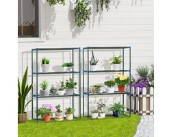 FloraGrace Plantenrek 2 Delig 4 Etages 70 X 27 X 110 Cm Staal Groen Voor Balkon En Tuin Met Open Opbergvakken
