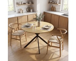 FloraGrace Ronde Eettafel - Industriële Tafel voor Vier Personen - Zwarte Stalen Poten - Hout - 100x100x75 Cm - Eikenkleur