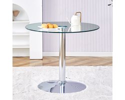 FloraGrace Ronde Tafel - Transparant Glazen Blad Met Metalen Voet - Voor Keuken Woonkamer Of Café - Zilver - 85 x 76 cm