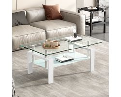 FloraGrace Salontafel - Gehard Glazen Tafel Met Twee Niveaus - Voor Woonkamer - Glas En Metaal - 100x60x44 Cm - Wit