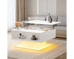FloraGrace Salontafel - In Hoogglans Met Hefbaar Blad En Ledverlichting - Voor Woonkamer - Spaanplaat - 80x75x40 Cm - Wit