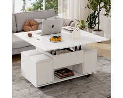 FloraGrace Salontafel - In Hoogte Verstelbaar 2 In 1 Design Met Opbergruimte - Voor Woonkamer En Eethoek - Wit - 100x100x63,5 cm