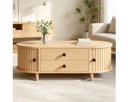 FloraGrace Salontafel - Met Roldeuren En 2 Laden - Voor Woonkamer - MDF En Massief Hout - 100x50x36 Cm - Naturel