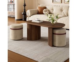 FloraGrace Salontafel - Ovale Couchtafel Met 2 Hockers - Modern Voor Woonkamer En Lounge - MDF En Hout - 108x50x44 Cm - Walnoot