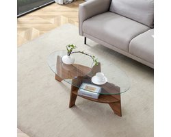 FloraGrace Salontafel - Ovale Glazen Tafel Met Opbergplank - Voor Woonkamer - MDF En Glas - 104,9 x 60 cm - Transparant