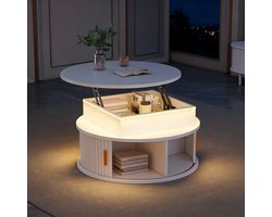 FloraGrace Salontafel - Rond En Hoogteverstelbaar Met Led En Opbergruimte - Voor Kleine Woonkamer - MDF Hoogglans - 75x75x52 Cm - Wit