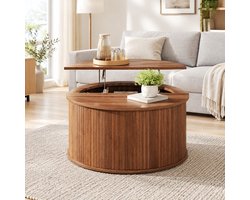 FloraGrace Salontafel - Rond Met Opbergruimte en in Hoogte Verstelbaar Blad - Voor Woonkamer - MDF - Walnoot - 88 X 88 X 53,5 Cm