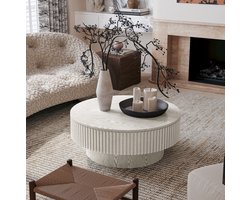 FloraGrace Salontafel - Rond Met Verborgen Opbergruimte - Voor Woonkamer Slaapkamer Of Kantoor - Hout En MDF - 75x75x35 Cm - Retro White