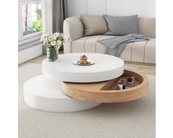 FloraGrace Salontafel - Ronde 360 Graden Draaibare Tafel Met Opbergruimte - Voor Woonkamer - MDF En Houtlook - 60x60x35,1 Cm - Wit Naturel
