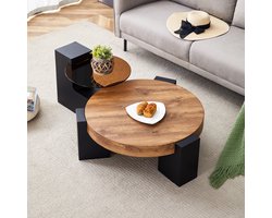 FloraGrace Salontafel Set - Rond Twee Niveaus Met Opbergruimte - Voor Woonkamer En Slaapkamer - MDF En Glas - Zwart Houtkleur