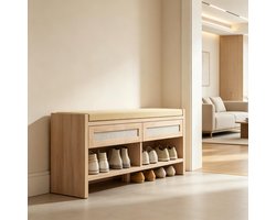 FloraGrace Schoenenbank 108 Cm – Met 2 Opbergvakken En Open Rek – Comfortabel Zitkussen Voor De Hal – MDF En PE Rotan – Lichtbruin