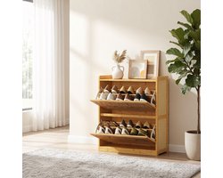 FloraGrace Schoenenkast - Bamboe Met 2 Kleppen En Verstelbare Legplanken - Voor Hal En Smalle Ruimtes - Natuurkleur - 69 x 29 x 83 Cm