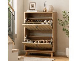 FloraGrace Schoenenkast - Slank Klapdeursysteem Met Veel Opbergruimte - Voor Hal En Gang - MDF En Spaanplaat - Eiken - 60 Cm