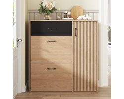 FloraGrace Schoenenkast - Smal Design Met Lade En 2 Klepvakken - Voor Hal En Entree - MDF En Spaanplaat - 100x35x106 Cm - Naturel Zwart
