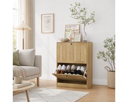 FloraGrace Schoenenkast - Smal Model Met 2 Klepvakken - Voor Hal En Entree - MDF En Spaanplaat - 60x24x80 Cm - Eikenkleur