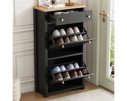 FloraGrace Schoenenkast - Smal Ontwerp Met 2 Kleppen En 1 Lade - Voor Hal En Entree - MDF In Zwart Met Houtlook - 50 x 24 x 95 Cm