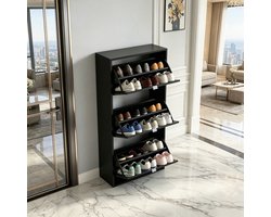 FloraGrace Schoenenkast - Staand Opbergmeubel Met 3 Kleppen En Verstelbare Vakken - Voor Hal En Slaapkamer - MDF - 60x26x124 Cm - Zwart
