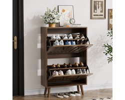 FloraGrace Schoenenkast - Verticale Geribbelde Klepkast Met Open Vak - Voor Hal En Entree - MDF En Spaanplaat - 60x24x95 Cm - Walnootkleur