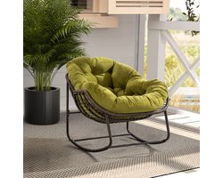 FloraGrace Schommelstoel 90 x 106 x 78 cm - Handgeweven Rotanlook Met Gewatteerd Kussen - Voor Patio, Tuin En Woonkamer - Metaal - Olijfgroen