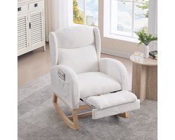 FloraGrace Schommelstoel Fauteuil 122,5 X 70 X 104 Cm - Met Verstelbare Voetensteun, Hoge Rugleuning En Opbergvakken - Teddy Stof - Wit