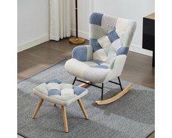 FloraGrace Schommelstoel Met Voetenbank – Patchwork Fauteuil – Met Zachte Bekleding En Armleuningen – Voor Woonkamer Of Leeshoek – Stof, Hout En Metaal – Beige En Blauw