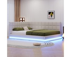 FloraGrace Slaapbank 160x200cm – Met Ledverlichting En Usb Aansluiting – Om te Bouwen Tot Bed – Met Lattenbodem – Voor Woonkamer – Linnen – Beige | Zonder matras