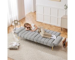 FloraGrace Slaapbank 183 X 76 X 75 Cm - Vijfvoudig Verstelbare Rugleuning En Armleuningen - Uitklapbaar Tot Bed 220 X 104 - Fluweel - Grijs