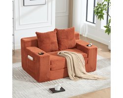 FloraGrace Slaapbank 2-Zits 151 Cm - Met 2 Kussens, Bekerhouder En Opbergtas - Voor Woonkamer En Lounge - Ribstof - Oranje