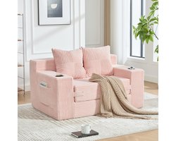 FloraGrace Slaapbank 2-Zits 151 Cm - Met 2 Kussens, Bekerhouder En Zijvak - Voor Woonkamer, Leeshoek Of Lounge - Corduroy - Pink