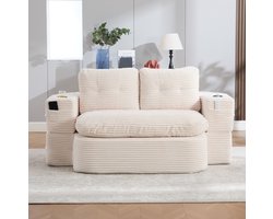 FloraGrace Slaapbank 2-Zits - 2-in-1 Met Liegefunctie, Cupholders, Hoge Rugleuning En Extra Diepe Zitting - Voor Woonkamer En Lounge - Cordstof - Beige