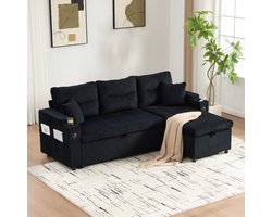 FloraGrace Slaapbank 3-Zits 212,5 x 136 x 86 cm - Met USB-C, Opbergruimte en Chaiselongue - Voor Woonkamer - Ribfluweel - Zwart
