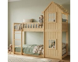 FloraGrace Stapelbed 90x200 cm - Kinderbed In Huisvorm Met Trap En Veiligheidshek - Zonder Matras - Hout - Naturel