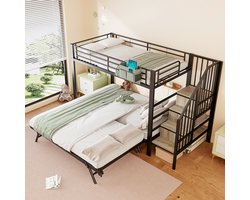 FloraGrace Stapelbed 90x200 cm - Uitschuifbed Tot 180x200 cm - Met Opbergtrappen En Stoffen Tas - Zonder Matras - Zwart