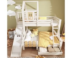 FloraGrace Stapelbed 90x200 en 140x200 cm - Met Glijbaan en Lade - Huisbed voor Kinderen - Hout en Metaal - Wit - Zonder Matras