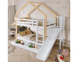 FloraGrace Stapelbed 90x200cm – Huisbed Met Glijbaan En Hoektrap – Met Valbeveiliging En 2 Lades – Zonder matras – Massief Hout – Wit