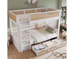 FloraGrace Stapelbed 90x200cm – Met Gevlochten Rotan Bedhek en Veilige Bedrand – Met 3 Lades op Wieltjes – Voor Kinderkamer – Hout – Wit Naturel | Zonder matras