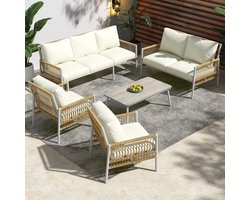 FloraGrace Tuinmeubelset 7-Zits - Met Salontafel En Wasbare Kussens - Voor Tuin En Terras - PE-Rattan En Staal - Beige