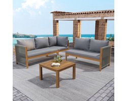 FloraGrace Tuinmeubelset Hoekbank Met Salontafel - Gevlochten Armleuningen & Acaciahout - Tuin Of Balkon - Grijs
