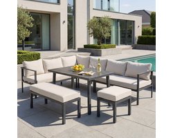 FloraGrace Tuinmeubelset Voor 9 Personen - Eethoek Met Sofa, Bank En Stoel - Voor Tuin En Terras - Staal En Polyester - Beige