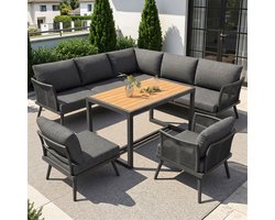 FloraGrace Tuinset 7-Persoons - L-Vormig Met WPC Salontafel En Dikke Kussens - Voor Tuin En Terras - IJzer - Grijs