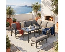 FloraGrace Tuinset - Hoek Loungeset Met Eettafel En Bank Voor 8 Personen - Voor Tuin, Balkon En Terras - Grijs - 240x183x83 Cm