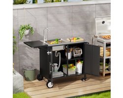 FloraGrace Tuintafel - Grilltafel Met Spoelbak En Opklapbaar Werkblad - Verrijdbaar Voor Tuin En Terras - Metaal Zwart - 128,6x46x90 Cm
