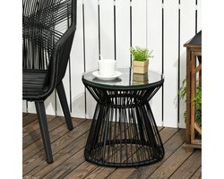FloraGrace Tuintafel - Ronde Bijzettafel Met Gehard Glazen Blad - Voor Tuin En Balkon - PE-Rattan En Metaal - 40x40x42 Cm - Zwart